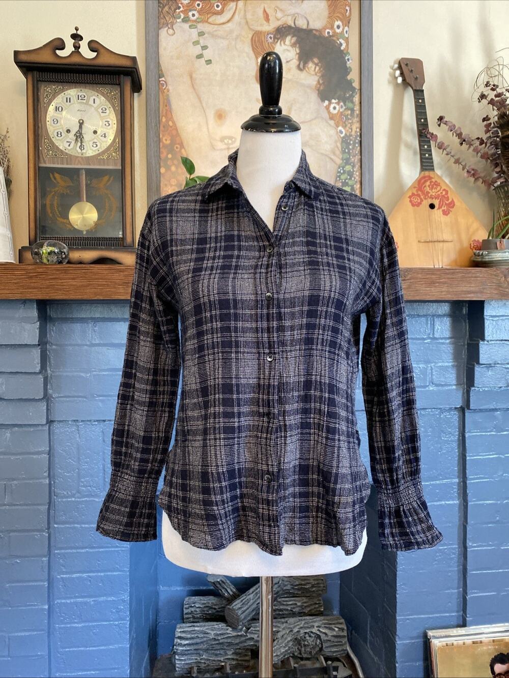 Madewell S Oversized Navy Blue White Plaid Wool Blend Flannel Button Down Shirt